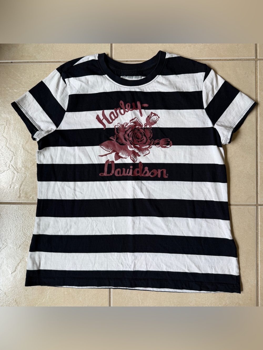 Harley Davidson Women’s XL Black White Striped Floral T-Shirt Top